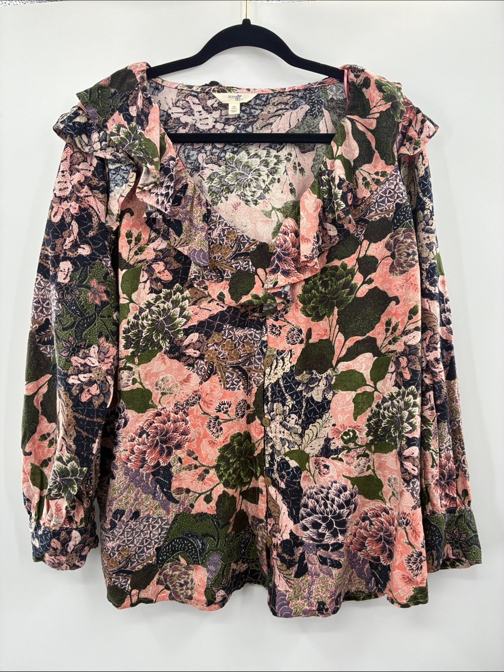 Terra & Sky Floral Ruffle V-Neck Blouse - Pink & Green size: 0X